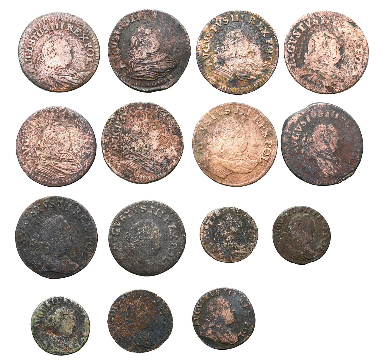 August III Sas. Szeląg, grosz 1752-1755, zestaw 15 monet
